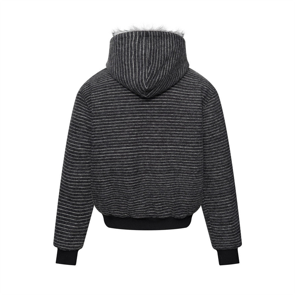 Striped Faux-Fur Hood Bomber Jacket – Double-Breasted Oversized Winter Coat