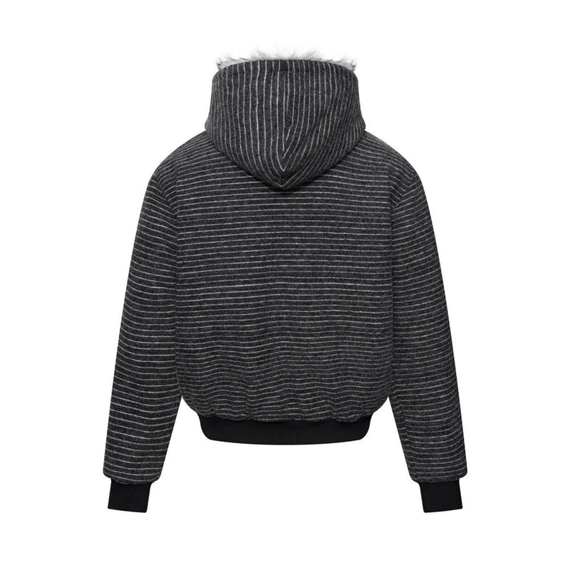 Striped Faux-Fur Hood Bomber Jacket – Double-Breasted Oversized Winter Coat