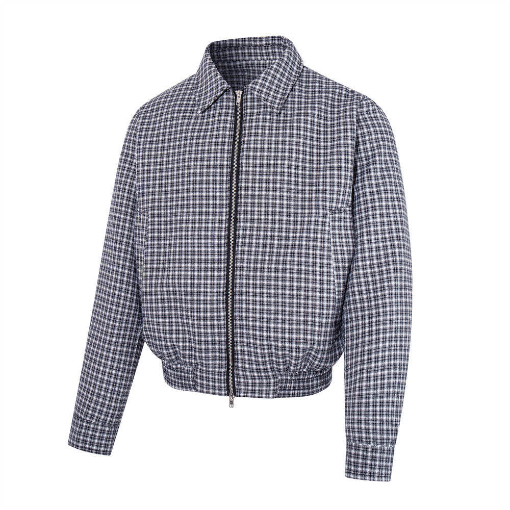 Plaid Zip-Up Bomber Jacket – Relaxed Fit Spread Collar Short Outerwear