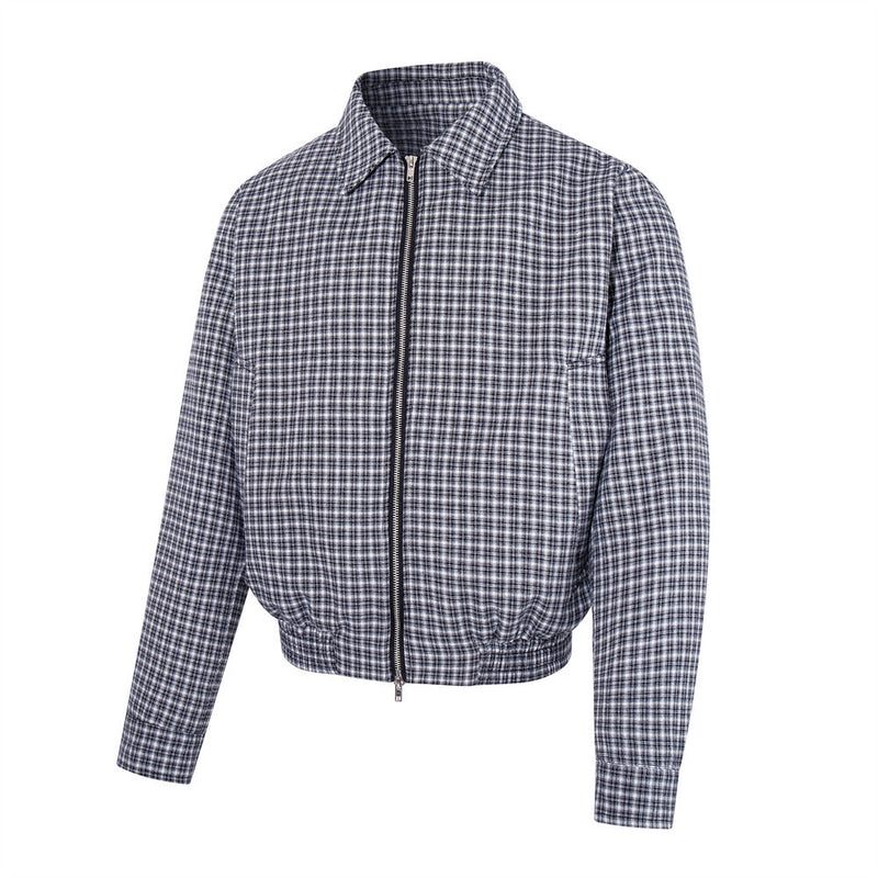 Plaid Zip-Up Bomber Jacket – Relaxed Fit Spread Collar Short Outerwear