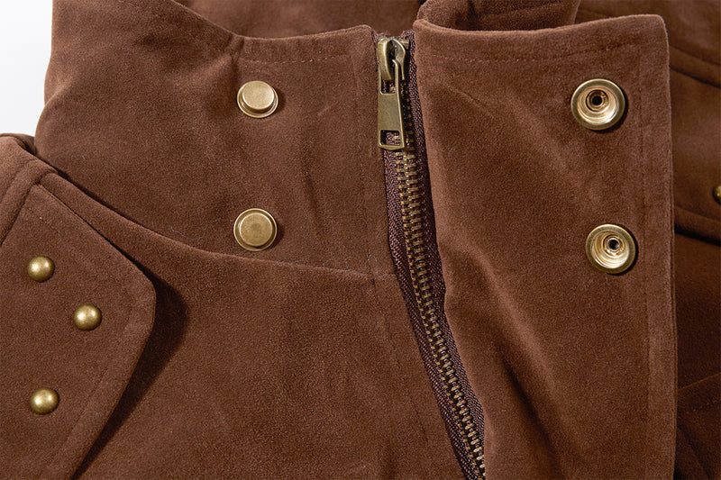 Bomber Jacket Men's Retro Suede Stand-Collar Moto Jacket with Brass Studs & Belt