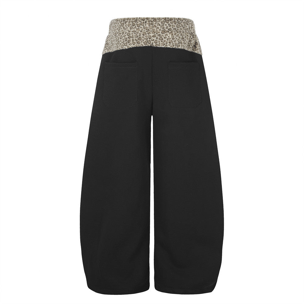 Wide-Leg Sweatpants with Leopard Print Waistband & Star Patch Embroidery