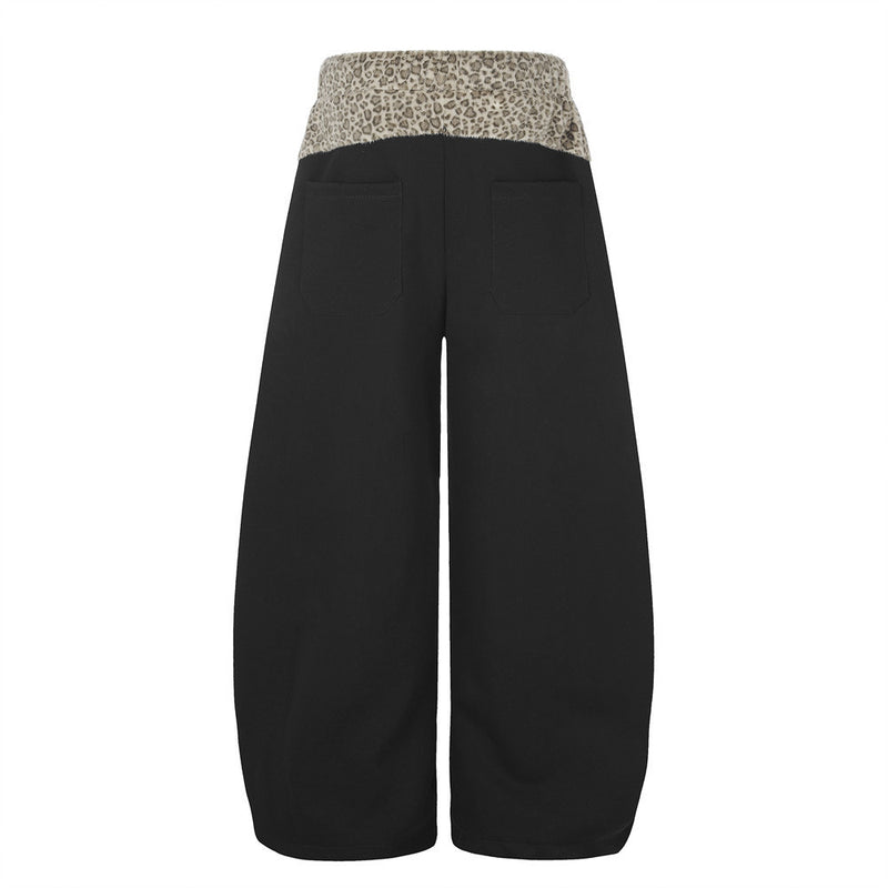 Wide-Leg Sweatpants with Leopard Print Waistband & Star Patch Embroidery