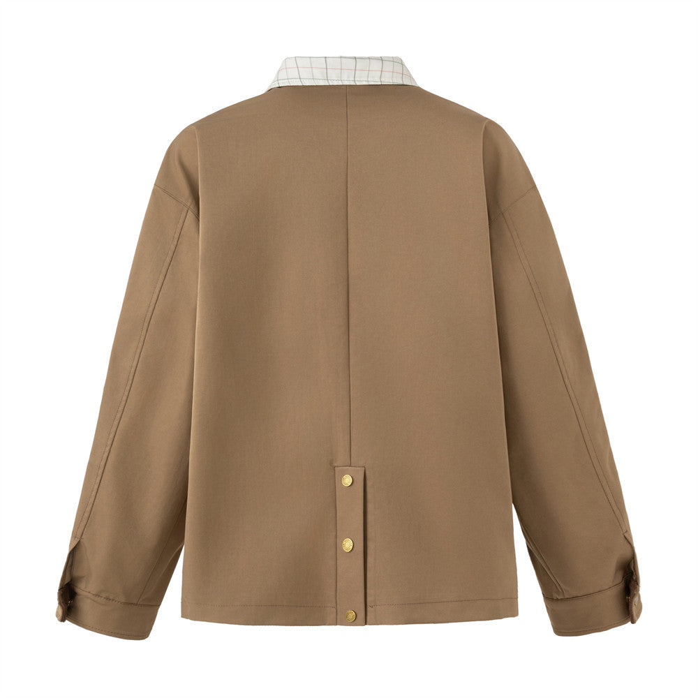 Men's Cargo Zip Jacket with Plaid Contrast Collar and Patch Pockets — Khaki
