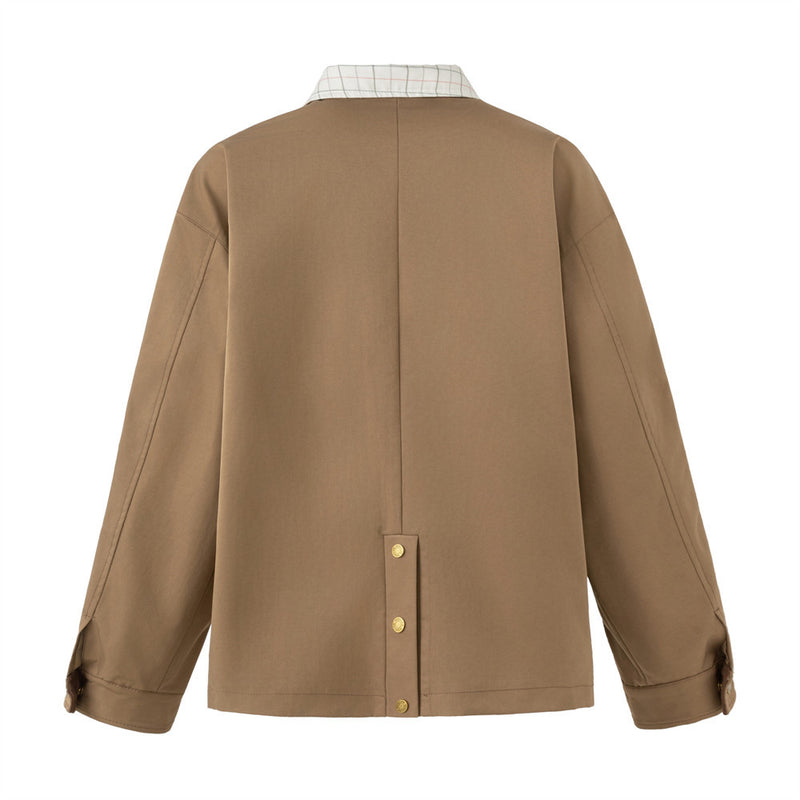 Men's Cargo Zip Jacket with Plaid Contrast Collar and Patch Pockets — Khaki