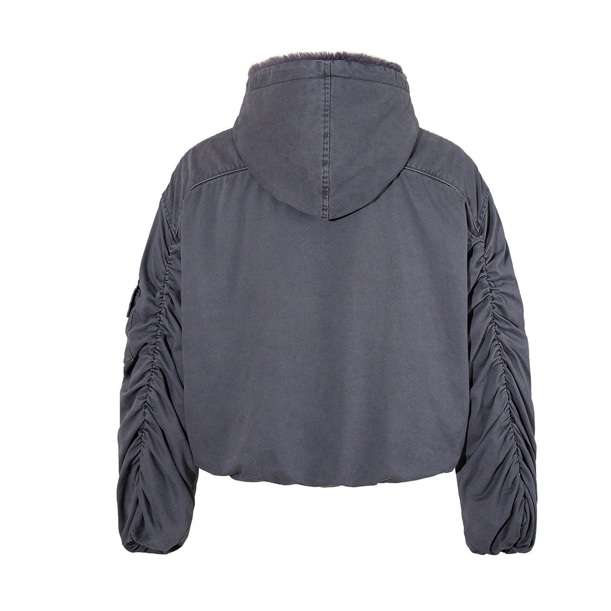 Hooded Puffer Jacket with Faux Fur Lining & Ruched Sleeves – Washed Grey