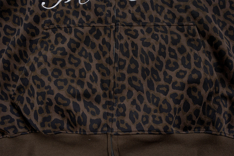 Leopard Print Zip-Up Hoodie with Embroidered MakeTrue Graphic & Number 9 Patches