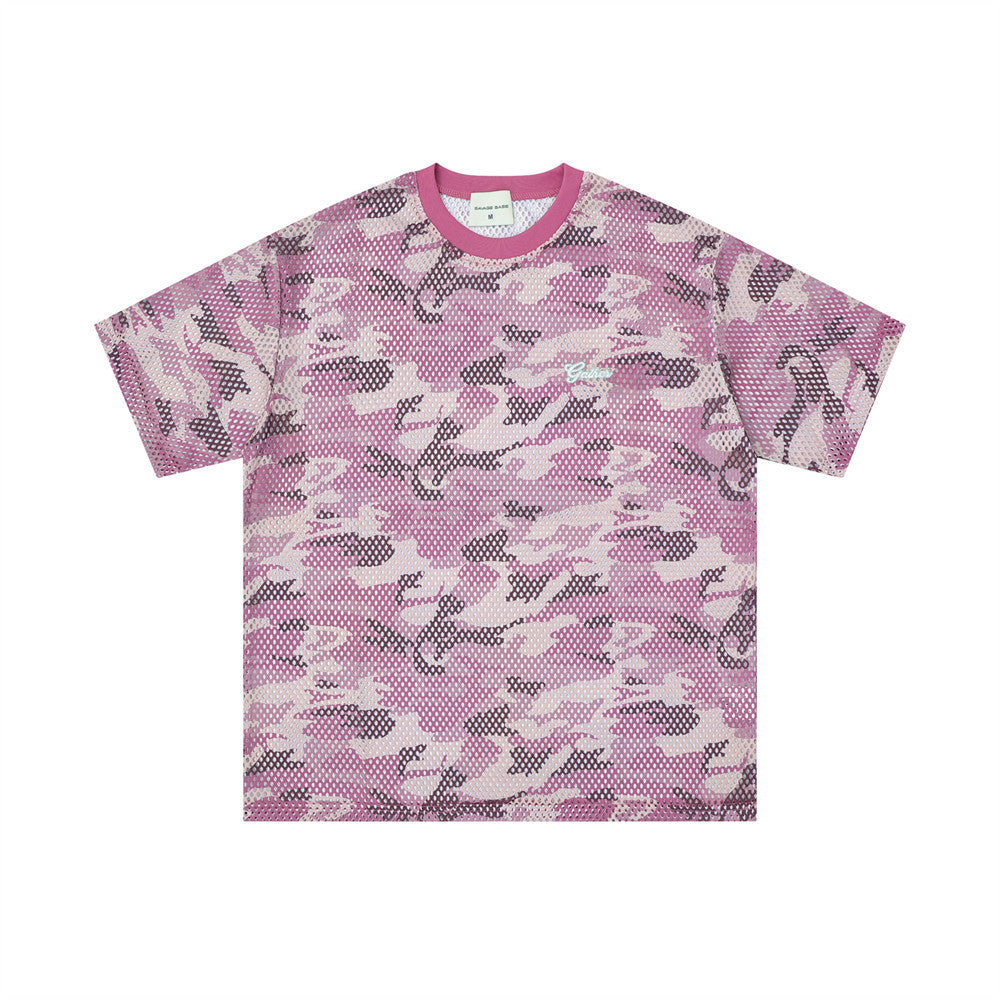 Men's Crew Neck T-Shirt Camo Print Mesh Short Sleeve Oversized Tee