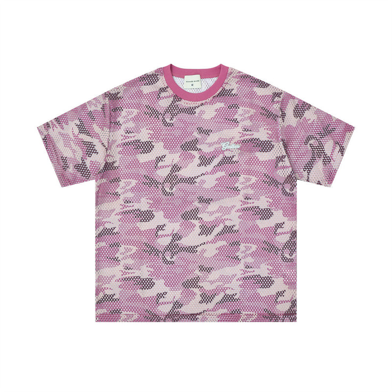 Men's Crew Neck T-Shirt Camo Print Mesh Short Sleeve Oversized Tee