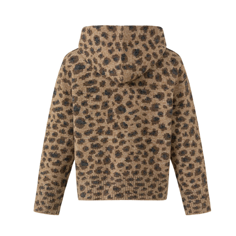 Leopard Print Knit Zip-Up Hoodie – Relaxed Fit Unisex Sweater Jacket