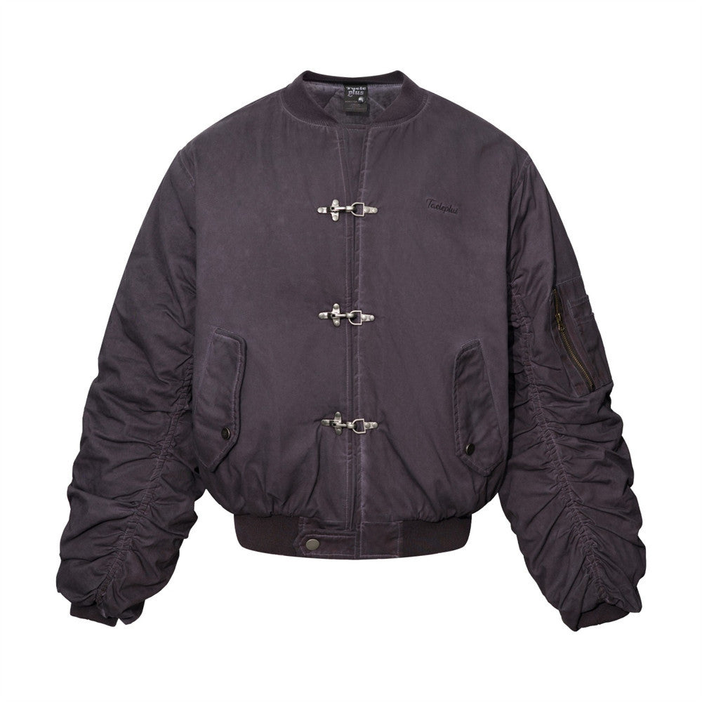 Ruched Sleeve Bomber Jacket with Clasp Front and Stand Collar