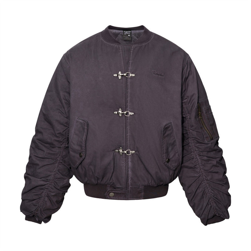 Ruched Sleeve Bomber Jacket with Clasp Front and Stand Collar