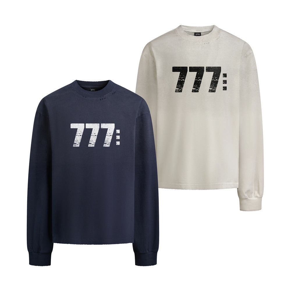 Langarmshirt mit 777-Zahlendruck – Used-Look-Rundhals-Streetwearshirt