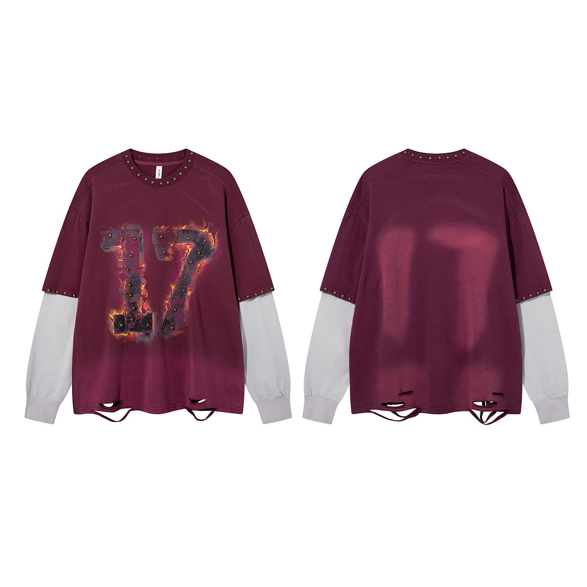 T-shirt manches longues effet superposé Flame 17 – Bas délavé, clous