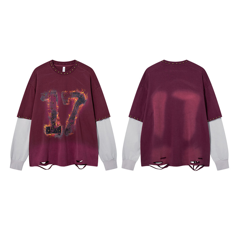 T-shirt manches longues effet superposé Flame 17 – Bas délavé, clous