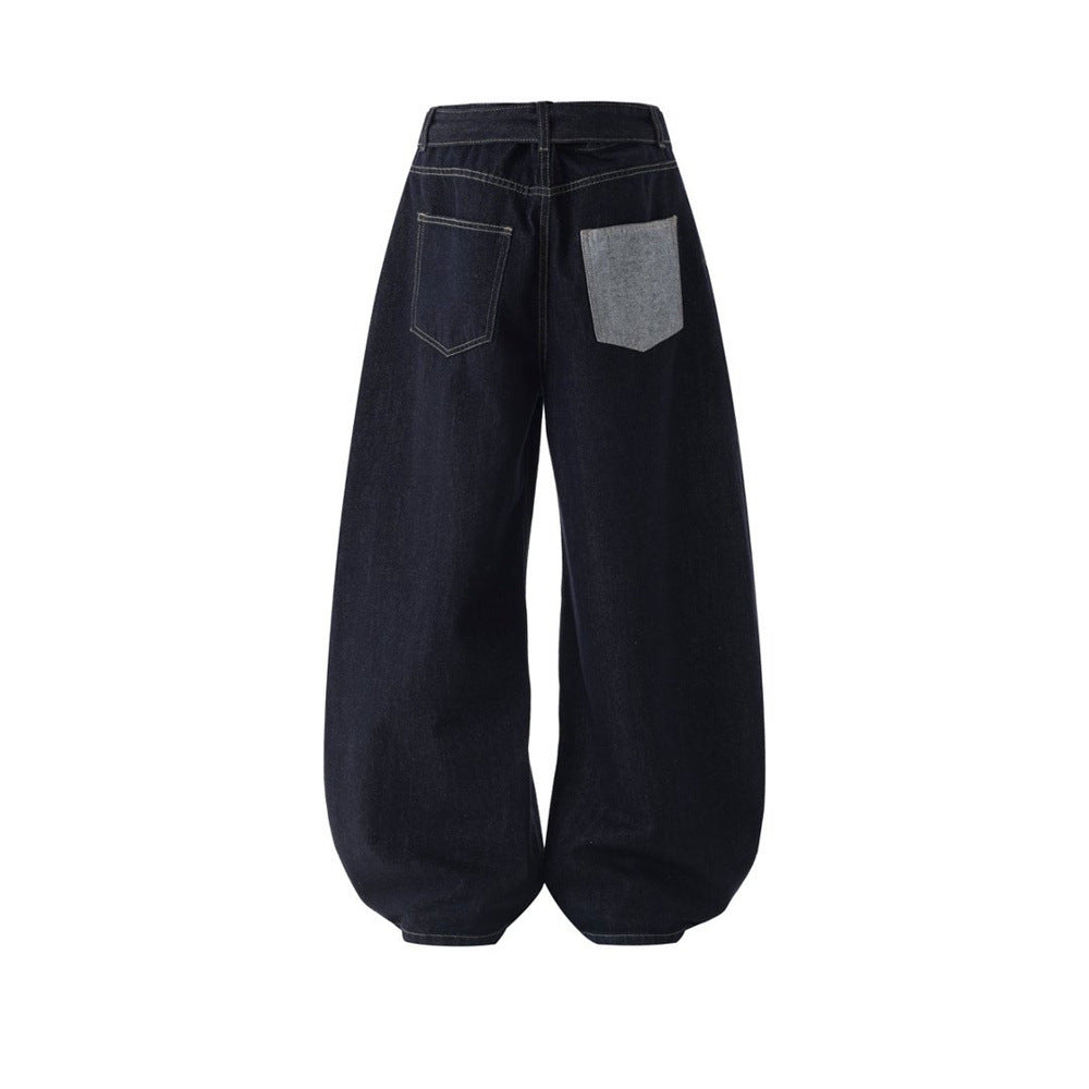 Wide-Leg Dark Indigo Jeans – Oversized Silhouette with Star Charm Belt &