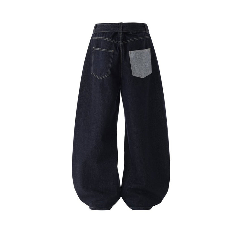 Wide-Leg Dark Indigo Jeans – Oversized Silhouette with Star Charm Belt &