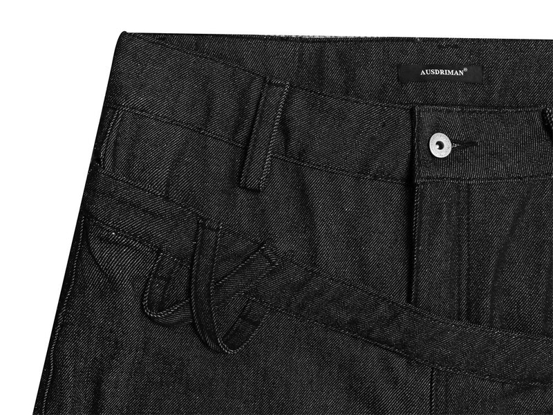 Jean wide leg noir homme avec double ceinture et empiècement diagonal