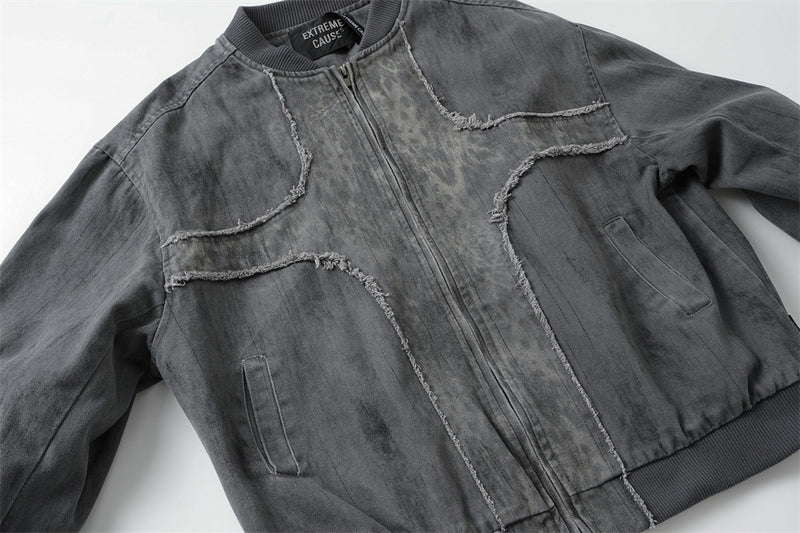 Bomber délavé et usé – Patchwork déconstruit à bords effilochés, coupe oversize