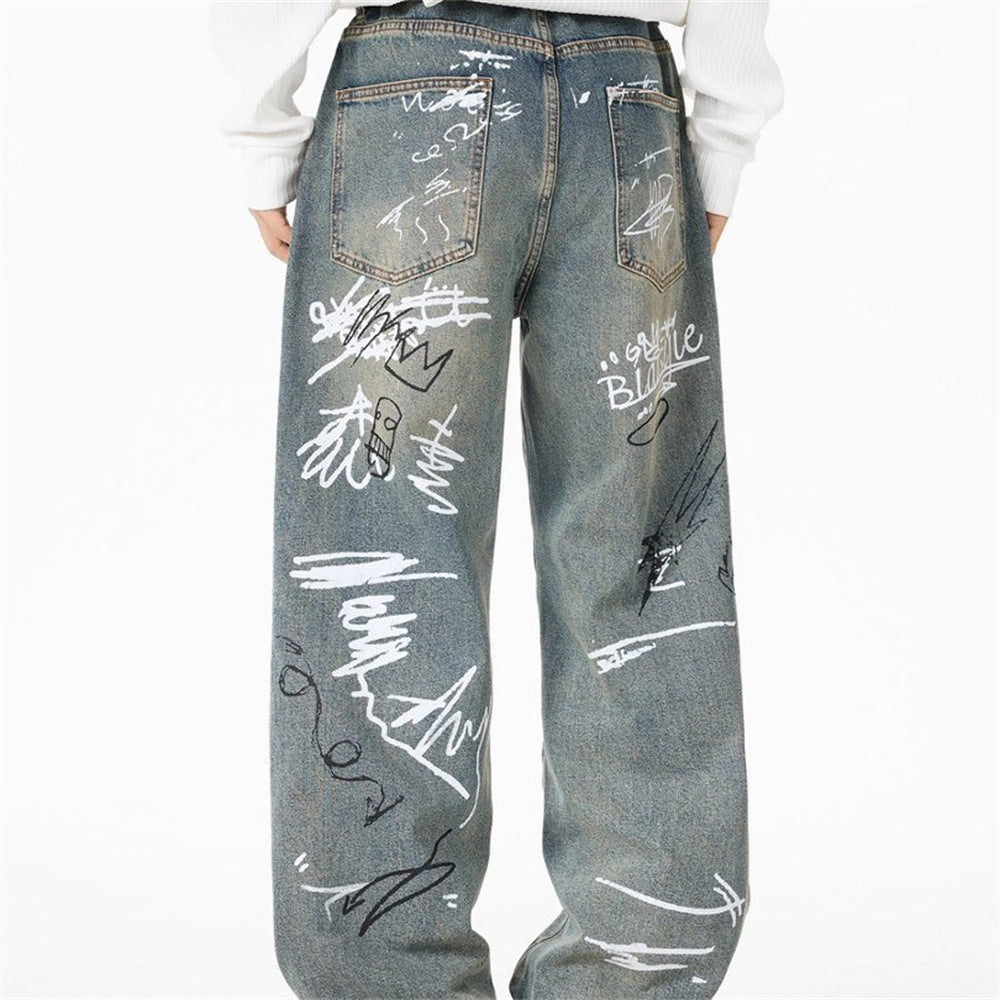 Graffiti Print Wide-Leg Jeans – Punk Streetwear Straight Baggy Denim