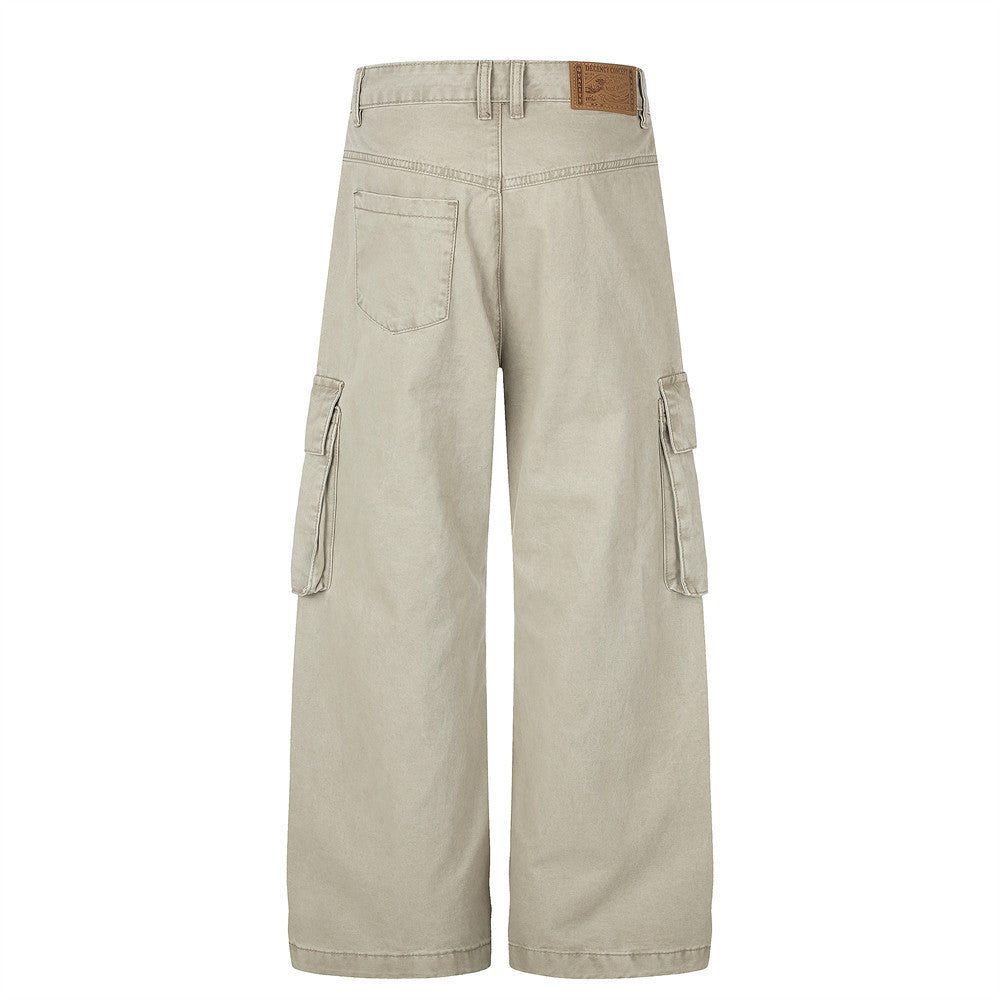 Pantalon cargo homme kaki à jambes larges, multi-poches, délavé vintage – Pantalon workwear