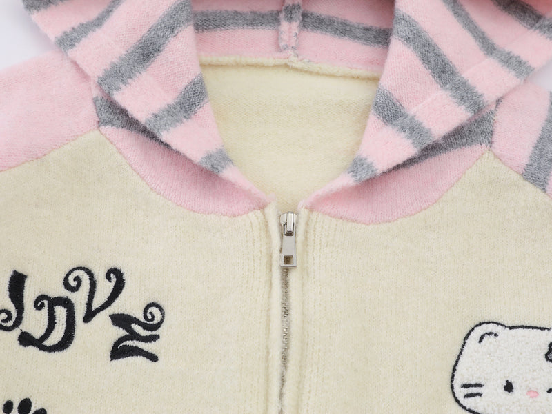 Cartoon Cat Knit Zip-Up Hoodie – Striped Colorblock Cardigan Sweater