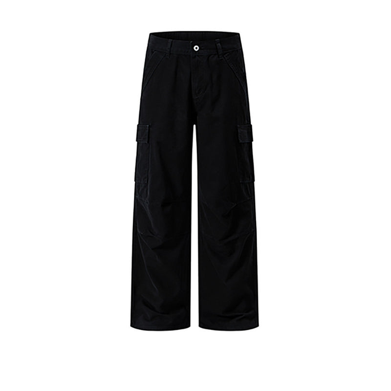Black wide-leg cargo pants with side flap pockets, front view