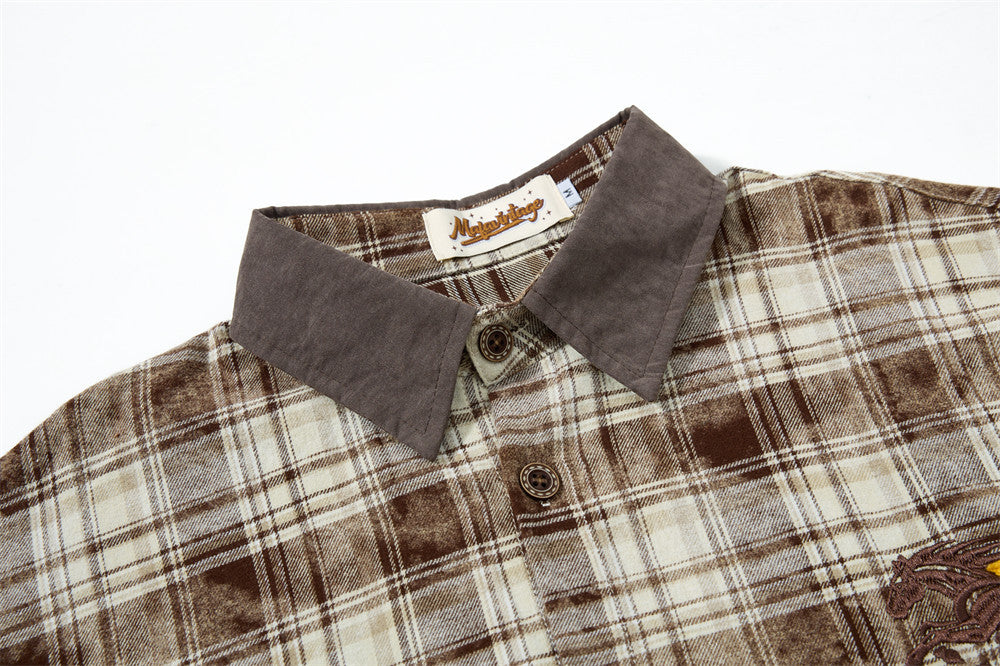 Men Long Sleeve Button Down Shirt Plaid Vintage Embroidered Flannel Overshirt