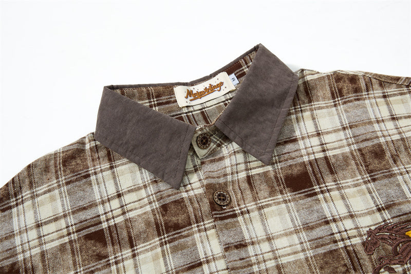 Men Long Sleeve Button Down Shirt Plaid Vintage Embroidered Flannel Overshirt