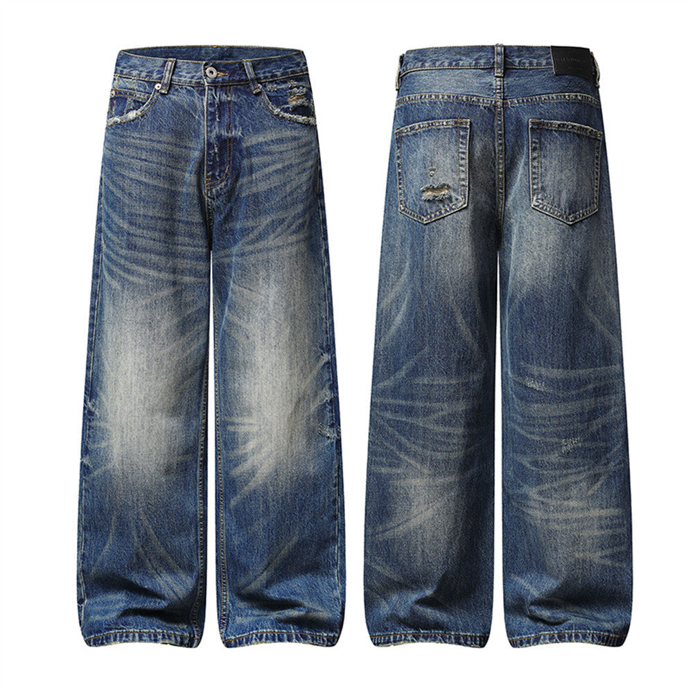 Wide-Leg Distressed Baggy Jeans – Men's Washed Vintage Straight-Cut Denim