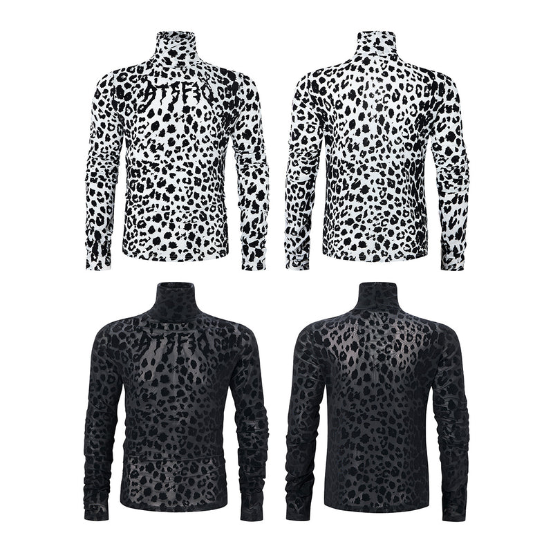 Leopard Print Turtleneck Long Sleeve Slim-Fit Shirt