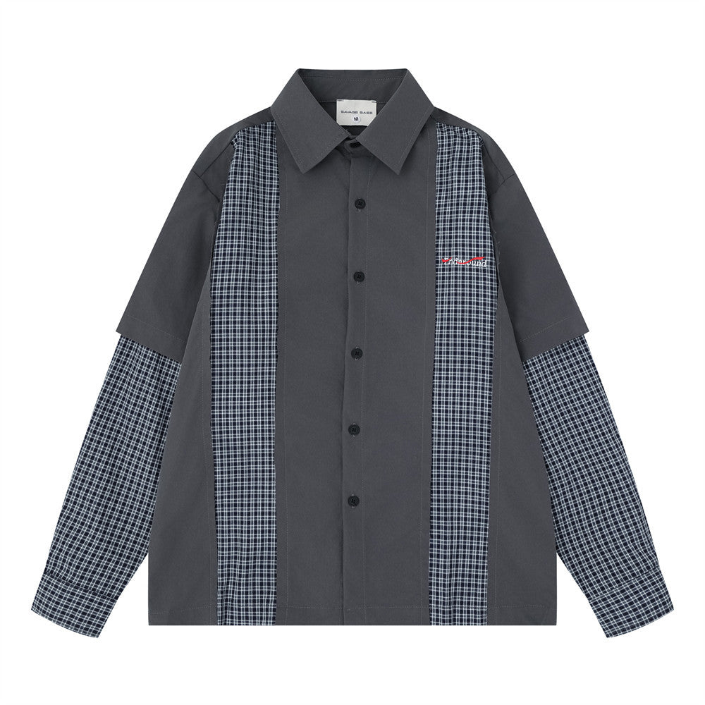 Men's Plaid Patchwork Long Sleeve Button-Up Shirt – Faux Two-Piece Oversized Fit