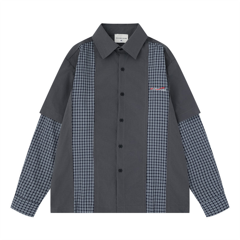 Men's Plaid Patchwork Long Sleeve Button-Up Shirt – Faux Two-Piece Oversized Fit