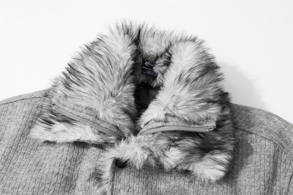 Men's Faux Fur Collar Double-Layer Knit Bomber Jacket