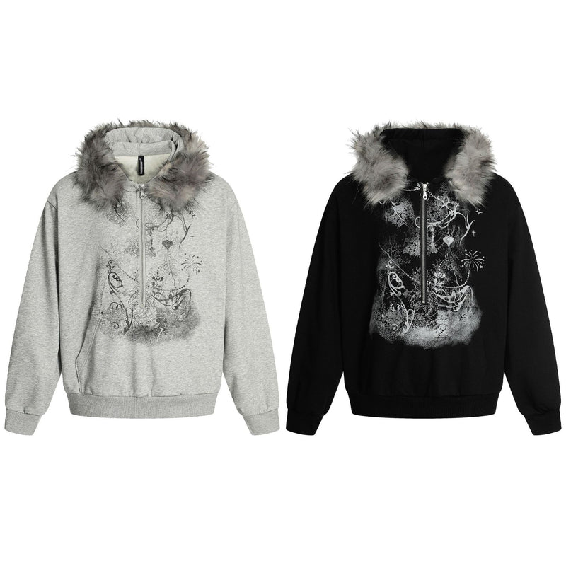 Faux Fur Trim Half-Zip Hoodie with Gothic Floral Graphic Print
