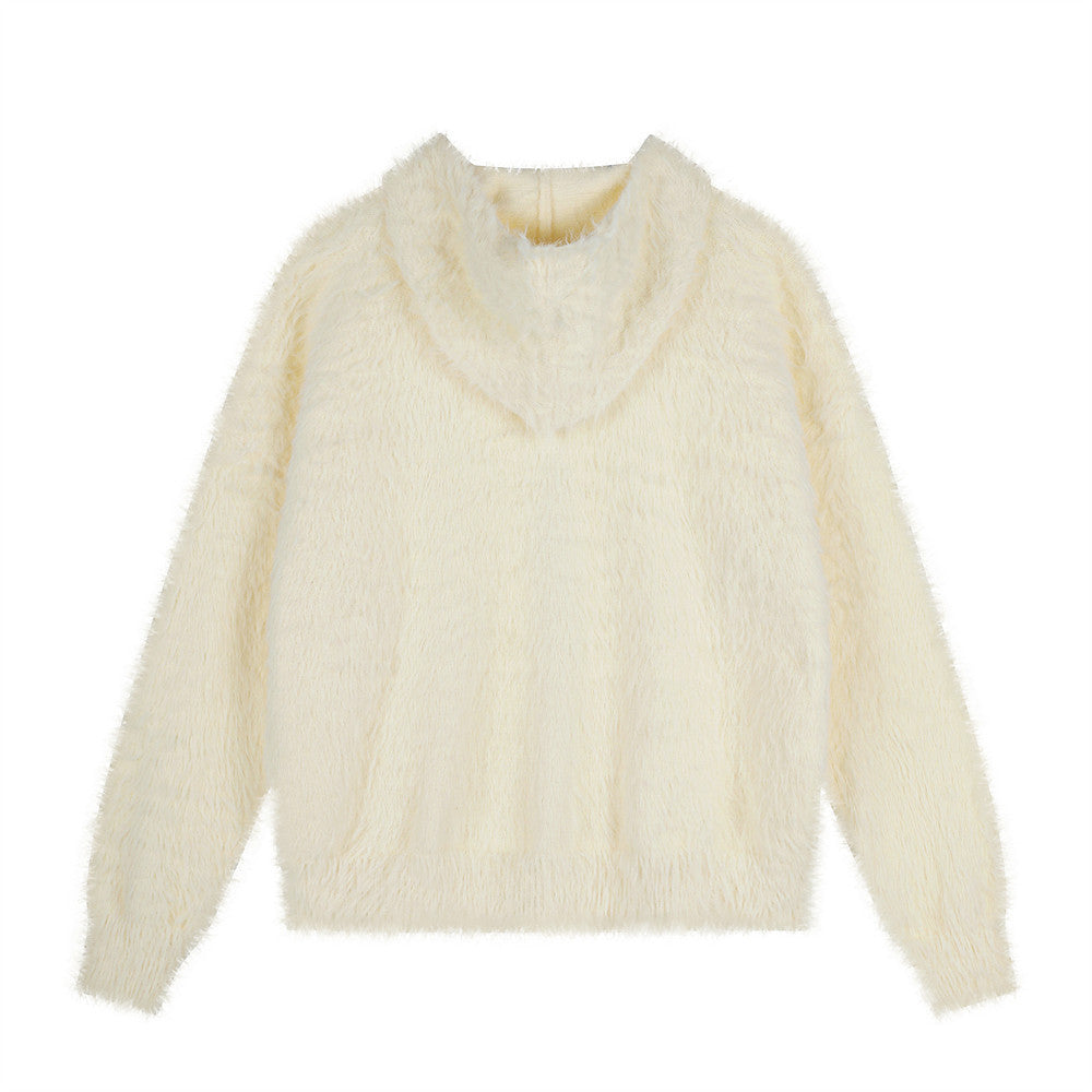 Fuzzy Knit Zip-Up Hoodie with Animal Patches – Streetwear Cardigan