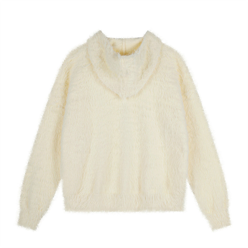 Fuzzy Knit Zip-Up Hoodie with Animal Patches – Streetwear Cardigan