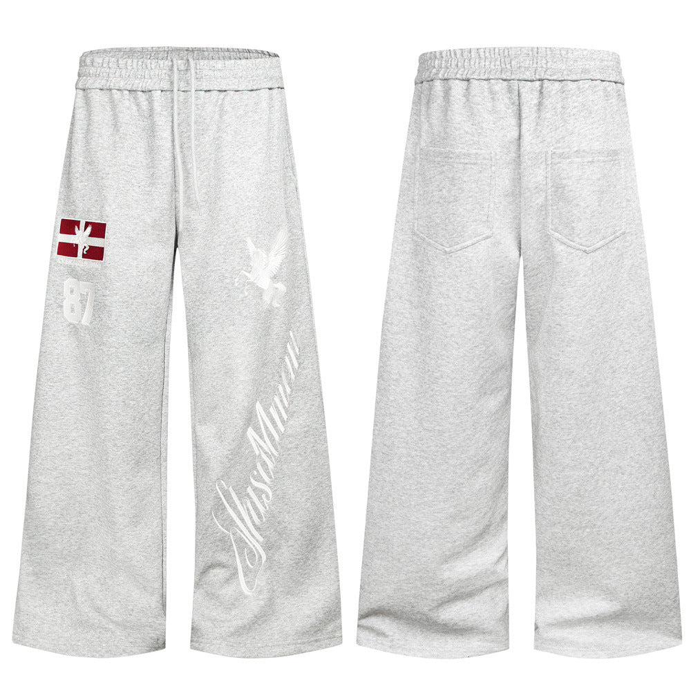 Wide-Leg Sweatpants with Pegasus Embroidery & Letter Patch – Men's Streetwear
