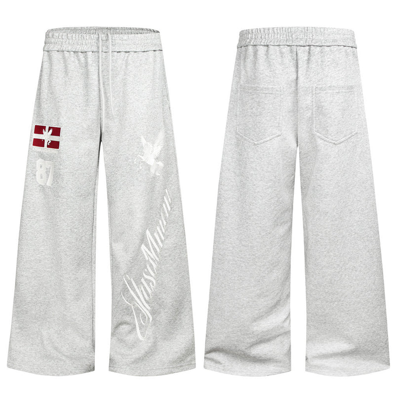 Wide-Leg Sweatpants with Pegasus Embroidery & Letter Patch – Men's Streetwear