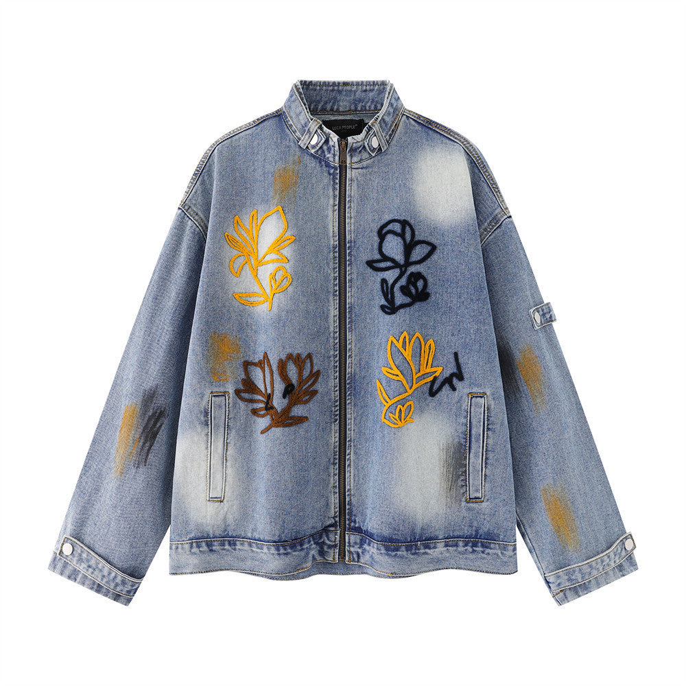 Oversized Black Denim Jacket – Floral Embroidery & Washed Distressed Finish