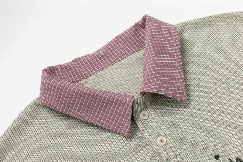 Faux Two-Piece Plaid Long Sleeve Polo Shirt with Graphic Print