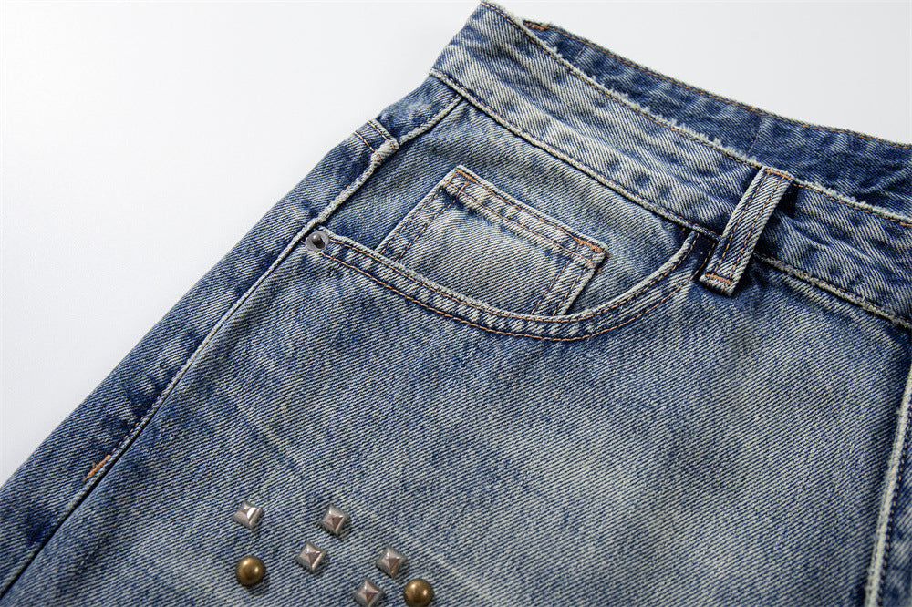 Wide-Leg Distressed Jeans with Studs & Leopard Patches — Men's American Street