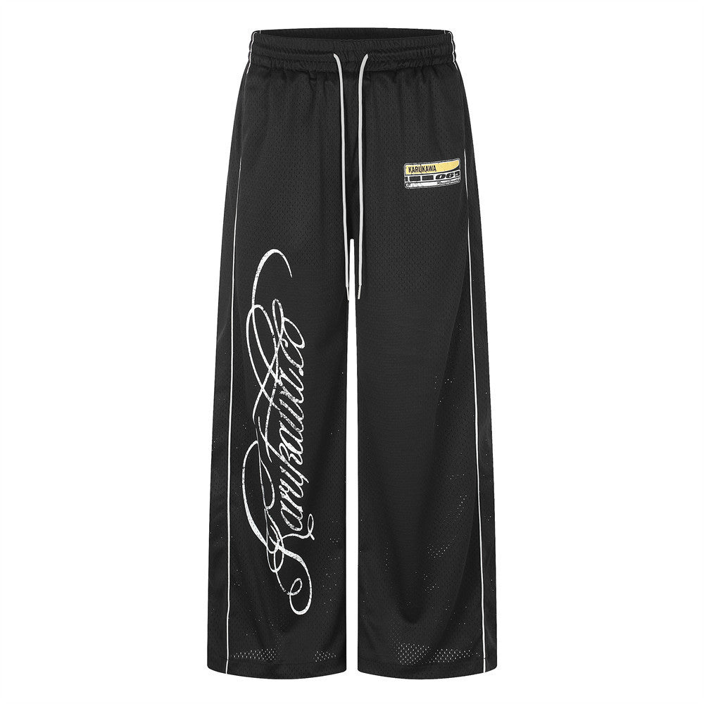 Karukawa Herren-Hose mit weitem Bein aus schwarzem Mesh, kursivem Logo-Print und weißem Paspelband an den Seiten