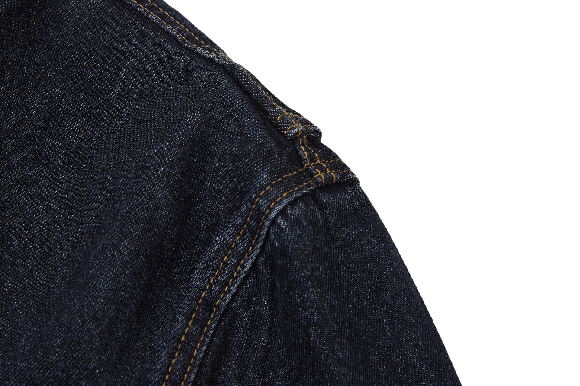 Veste biker moto en denim – Col montant indigo foncé, poches zippées et base ceinturée