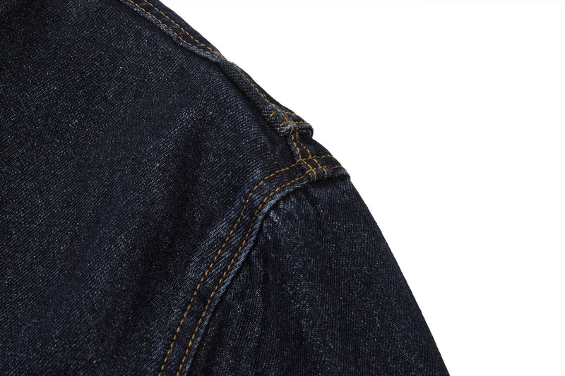 Veste biker moto en denim – Col montant indigo foncé, poches zippées et base ceinturée