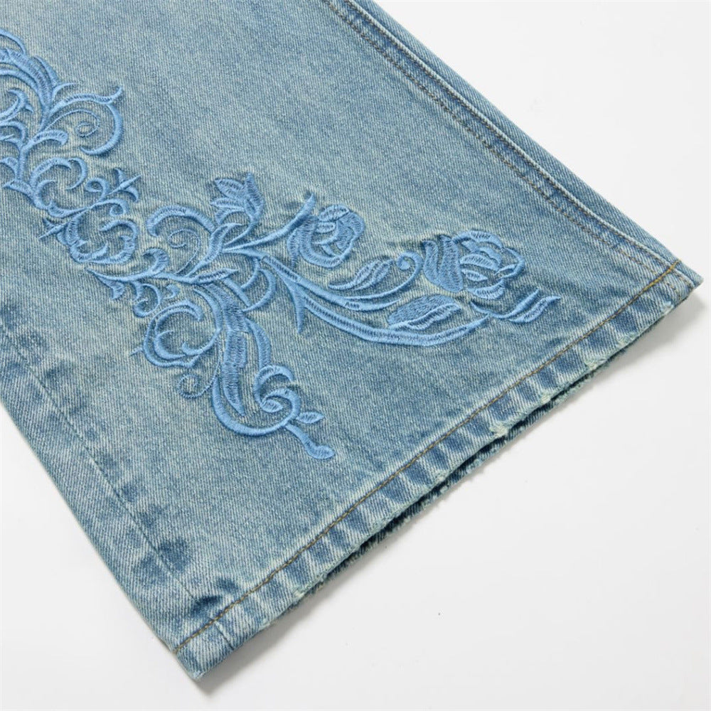 Men's Light Wash Jeans – Floral Embroidery, Metal Clasp Fly & Straight Leg