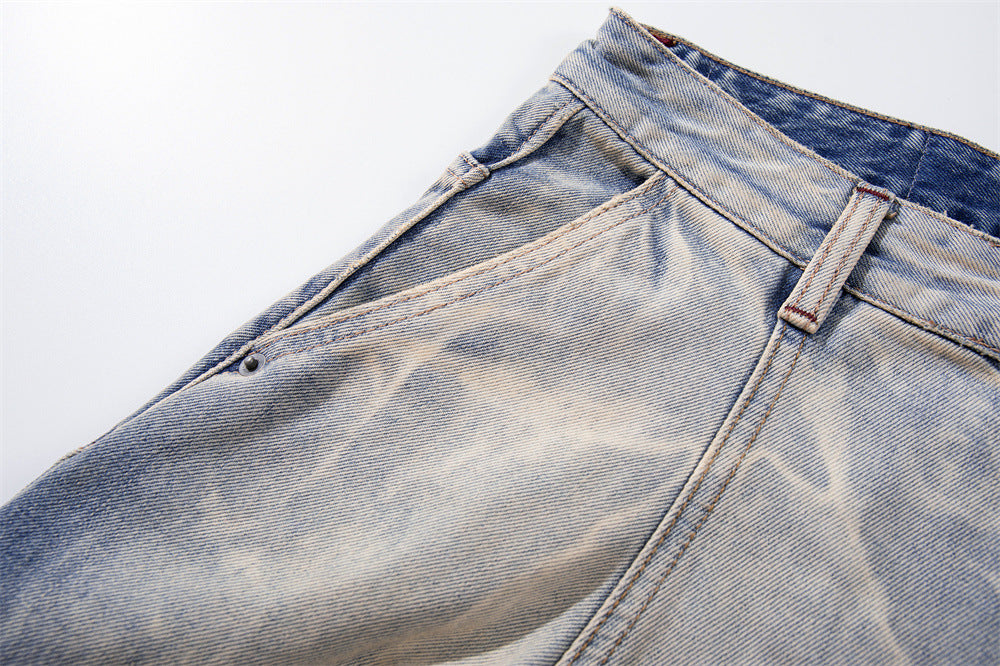 Tie-Dye Washed Denim Shorts – Wide-Leg Embroidered Vintage Punk Style