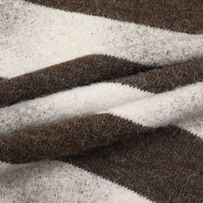 Brown and White Striped Sweater – Henley Neck Knit Pullover
