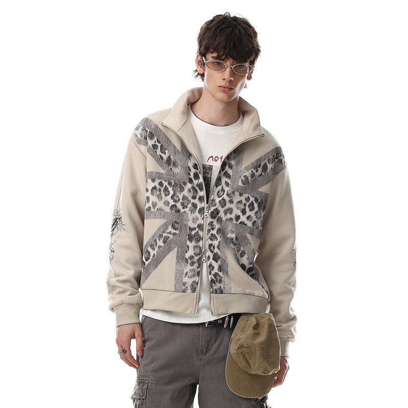 Union Jack Leopard Print Zip-Up Track Jacket – Oversized Fit
