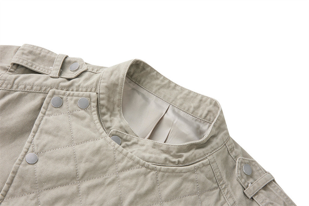 Men's Quilted Panel Moto Biker Jacket – Stand Collar, Asymmetric Snap Closure